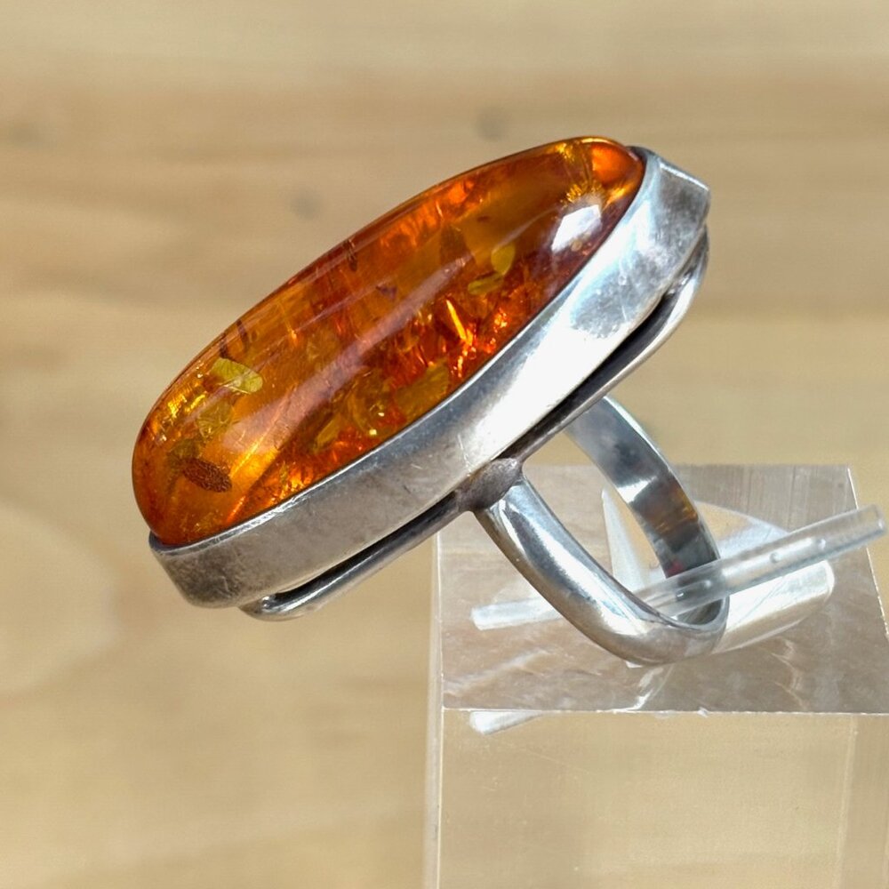 Large Amber & Sterling Silver Statement Ring Artisan Handmade Size 8